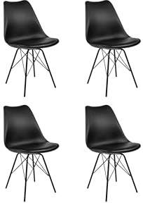 SAM 4er Set Schalenstuhl Lerche, Kunststoffschale in schwarz | integriertes Kunstleder-Sitzkissen, Schwarze Metallfüße, Esszimmerstuhl im skandinavischen Stil