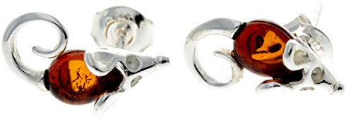Orecchini a lobo a forma di topolino in vera ambra baltica naturale e argento Sterling 925, GL188, Argento, Ambra