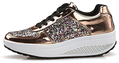 Sunnyuk Sneaker Damen mit Pailletten Keilabsatz Glitzer Sportschuhe Glänzende Dicker Turnschuhe Schuhe Schnürsenkel Walkingschuhe
