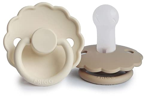 FRIGG Daisy Silikon Schnuller | Schnuller 2 Packung | Symmetrischer Sauger in Kirschform | BPA-frei | Hergestellt in Dänemark | Silikon Schnuller | (Cream/Croissant, Größe 2 (6-18 Monate))
