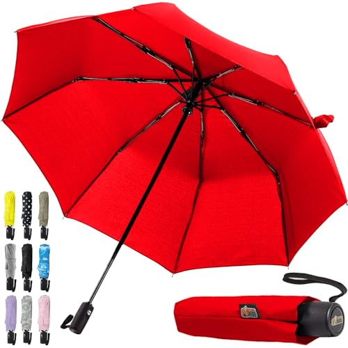 GORILLA GRIP Strong Windproof Stick Compact Umbrella for Rain, One-Click Automatic Open and Close, Durable Quick Dry Waterproof Material, Lightweight and Portable, Travel Size Fits Backpack, Red