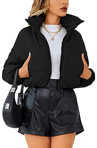 Lumister Womens Lightweight Quilted Jacket Long Sleeve Stand Collar Zipper Cropped Puffer Jacket Coat(0407-Black-S)