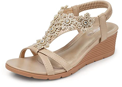 TEMOFON Women's Low Wedge Heels Summer Dressy Platform Sandals Elastic Ankle Strap Open Toe Flower Shoes Nude Size 7