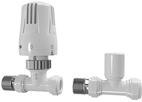 iBathUK | White Thermostatic Straight Radiator Valves 15mm Central Heating Taps RA32S