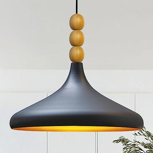 bamyum Champion Pendelleuchte aus Holz, 35 cm Hängelampe Metall E27 Moderne Esstisch Lampe, Skandinavisch Pendellampe für Schlafzimmer Wohnzimmer Küche, Schwarz Küchenlampe Hängend