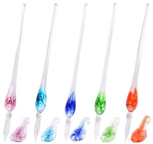 WANDIC Lot de 5 stylos à encre en verre teinté fait à la main - 18 cm - Motif fleur en cristal coloré - Avec supports - Pour art, signature, écriture, dessin, lettrage