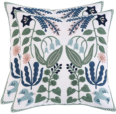 Tosleo 2 Stück Kissenhülle Bestickte 45 x 45cm Blaue Blätter Kissenbezug Wurfkissenbezüge für Gartenlounge Sofa Dekokissen Wohnzimmer Schlafzimmer Bauernhaus