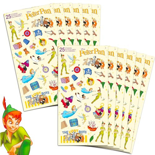 Juego de calcomanías clásicas de Peter Pan para fiestas ~ Paquete con más de 200 calcomanías de Peter Pan con el niño que no crecería en el país de nunca jamás (Peter Pan Party Supplies para niños)