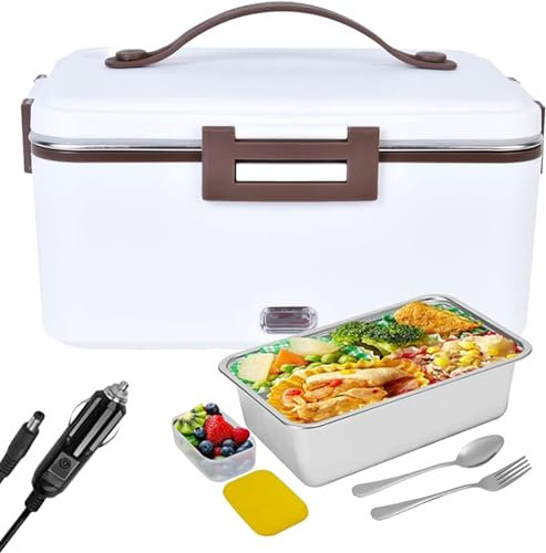 Boîte à déjeuner électrique 3 en 1, chauffe-plats for camion/voiture/travail/maison avec récipient amovible en acier inoxydable 304, fourchette et cuillère (Color : White, Size : 1.8L)