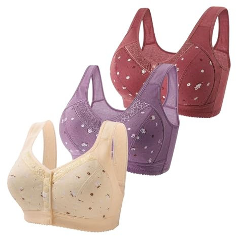 Generic Prime 2024 Special Deals 3 Pc Daisy Bras for Older Women Full Coverage Front Closure T Shirt Bra No Underwire Comfort Hides Back Fat Bralette Multicolor D