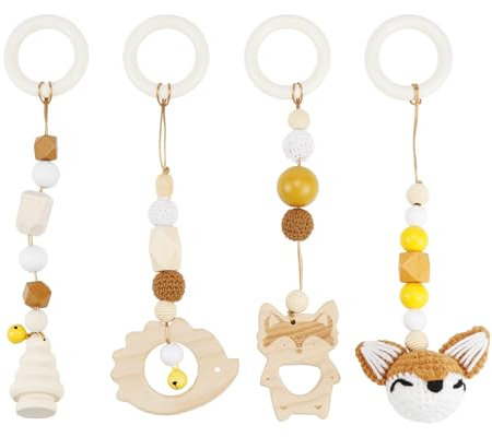 Spielbogen Baby Spielzeug ab 0 Monate 4 Stück Spielebogen Babies Toys Spielbögen Baby Gym Anhänger Holz für Mädchen Jungen Babyspielzeug für Babyschale Kinderwagen Autositz Spielzeug (Braun)