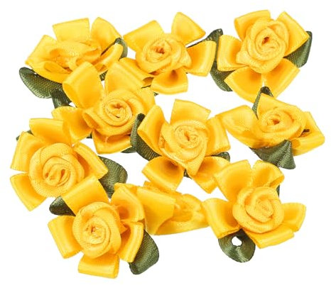 PATIKIL Mini Rose di Nastro di Raso, 10 Pezzi di Piccole Rose di Tessuto con Foglie Verdi per Progetti di Artigianato, Decorazioni, Applicazioni, Giallo