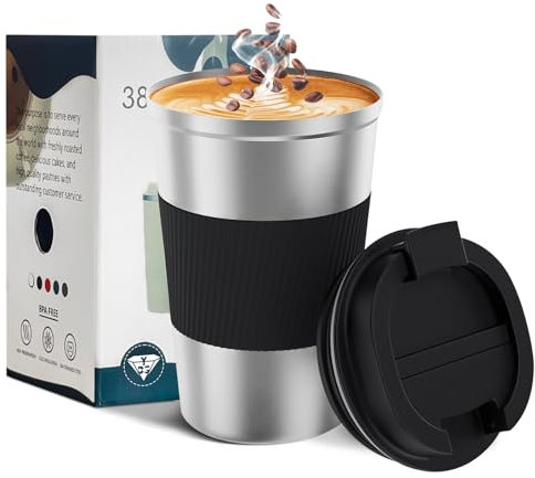 YINBAOGE Taza de café de viaje aislada, a prueba de derrames y fugas, vaso de café portátil de acero inoxidable, taza de café térmica reutilizable con tapa para bebidas calientes y frías (negro