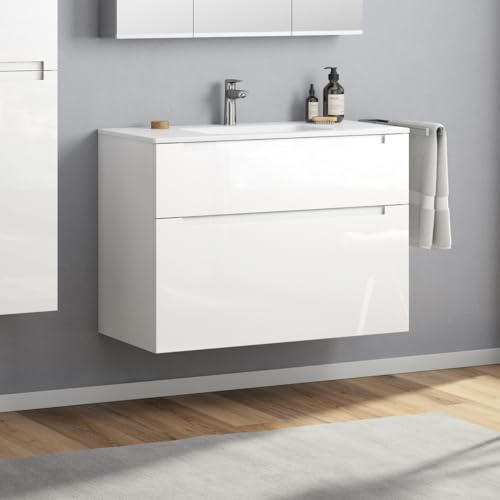 Zentrobad Premium Waschbecken weiß 100 cm mit Unterschrank Badmöbel Badezimmer Schrank Badschrank mit Zwei Schubladen (weiß glänzend lackiert)
