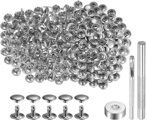 QUARKZMAN 200 Sets 10mm x 8mm Leder Nieten mit 3 Stück Werkzeugen Silber | Metall Doppelkappe Nieten Tubular Runde Druckknöpfe, Für Handwerk Reparatur Dekoration Gürtel Kleidung