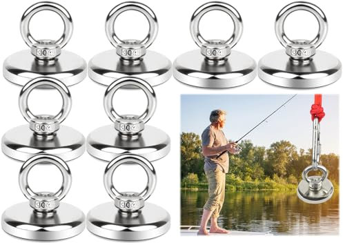 8 Stück Neodym Magnete Extra Stark 45kg Groß Magnetfischen 32MM Magnete Stark, Super Starker Angelmagnet mit Heberinge und Schrauben Loch für Geeignet Magnet Fischen in Haus, Werkstatt, Wasser