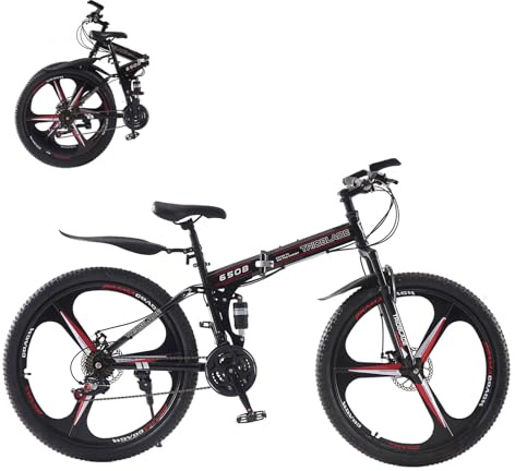TRIOBLADE 26 Inch Folding Mountain Bike 21-Speed Foldable Mountain Bicycle with Dual Disc Brakes 3 Spoke Wheels Mountain Bikes,Dual Suspension Design for Adult Men Women (26 - Black & Red)