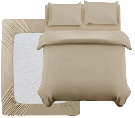 Oxford Homeware Double Duvet Set Beige Brushed Microfiber 4 Piece Double Bedding Set with Fitted Sheet and Pillowcases Soft Breathable Duvet Cover Sets