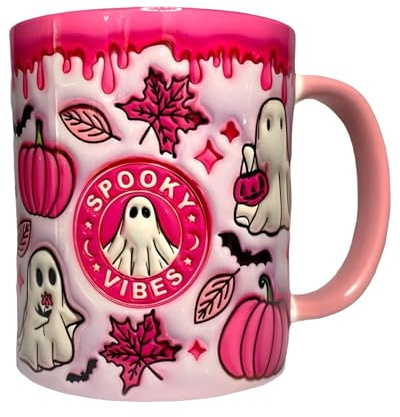 Keramische Kaffeetasse, Keramikbecher mit Kürbis Geist Cartoon Muster, Kaffeetasse und Teetasse mit Griff, personalisiertes Geschenk für Halloween, Weihnachten, Geburtstag und andere Feiertage, Rosa