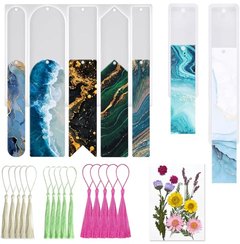 Asaisimg Lot de 3 moules rectangulaires en résine époxy avec 7 motifs, 15 pompons, 12 fleurs séchées pressées pour la fabrication de bijoux, loisirs créatifs