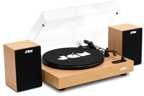 JAM skivspelare med högtalare – Bluetooth-skivspelare med hyllhögtalare, 3-hastighets vinylspelare med dammskydd, förinställd tonarm, vinylrengöringsmedel ingår, trä
