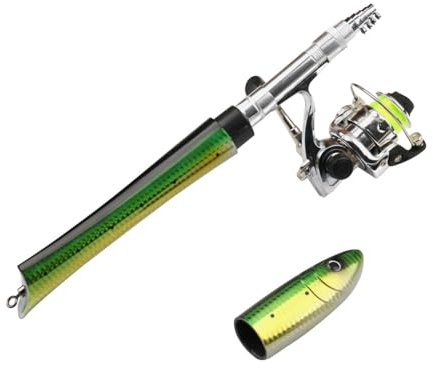 Taschen Angelrute, Teleskop-Angelrute, Fischförmige Stift Angelrute mit Rolle und Schnur, Mini Angelrute Rollen Combo zum Salzwasser Süßwasserfischen