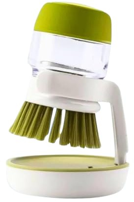 Palm Scrub Refillable Soap Dispensing Cleaning Washing Up Kitchen Brush with Storage Stand Holder- (Green)