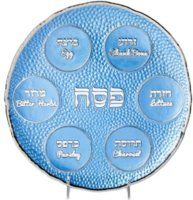 Rite Lite Blauer Kieselstein-Glas-Teller – Eleganter, runder Passover Teller mit silbernen Akzenten, hebräische und englische Etiketten, 30,5 cm, handgefertigte Schale für Tischdekoration und