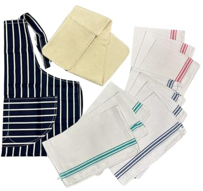 Chefs Cooking Apron & Oven gloves 100% Cotton for women men Cotton Baking School college Restaurants kitchen cooks Bistro Professional Red Stripped (Blue Apron + Gloves + T Towels)
