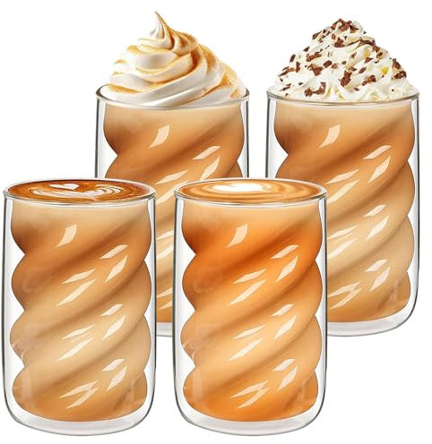 BORDEAG Latte Macchiato Bicchieri da caffè a doppia parete, 350 ml, set da 4 bicchieri da cappuccino con 4 cucchiai, bicchieri termici a doppia parete, bicchieri a spirale, per latte, tè, caffè