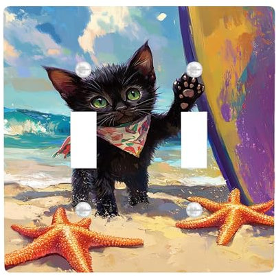 Placa de cubierta para interruptor de luz de gato de playa, cubierta de toma, gatito negro vibrante con tabla de surf para decoración de verano, placas de pared termoplásticas, tamaño estándar doble
