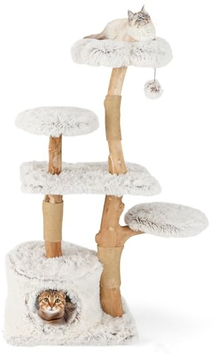 COSTWAY Wooden Cat Tree, Multi-Layer Cats Tower with Jute Scratching Posts & Top Perch, Modern Cat Activity Center for Indoor Cats Kittens (60 x 44 x 135cm, White)