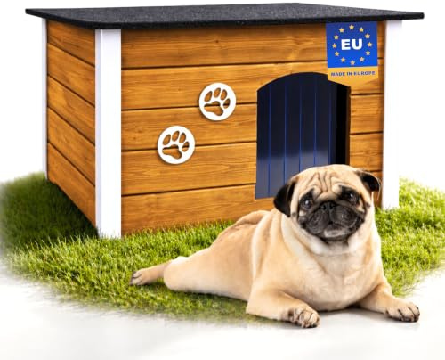 Outentin Hundehütte Outdoor Winterfest - Hundehaus für Mittelgroße Hund - Isoliert und Wetterfest - Hunde Haus für Draußen mit zum Öffnen Flachdach - Stabile und Moderne Villa - 76 x 60 x 60cm -Eiche