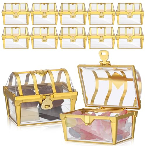 Homoyoyo 12pcs Treasure Chest Party Favor Box Plastic Clear Mini Treasure Chest for Wedding Birthday Party Golden Golden 8.00X6.50X6.00CM