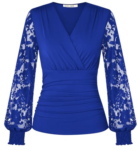 GRACE KARIN Women’s Long Sleeve Tops Lace Ruched Wrap Blouses Shirts | Dressy Casual Top with Long Lace Sleeves, Ruched Surplice V-Neck Blouse, Stretchy Hip Length Shirt, Elegant Tops for Women UK