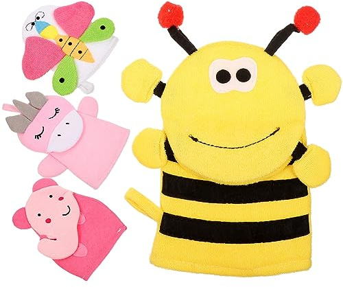 4 Stück-Pack Cartoon Badehandschuhe für Kinder, Weicher Körperwaschlappen | Entfernt Abgestorbene Hautzellen, aus Baumwollmischung, für Dusche und Badewanne