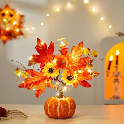 Herbstdeko kürbis Baum Lichter mit LED, 32cm Lichterbaum kürbis, Thanksgiving Künstlicher Kürbis dekorative, Batteriebetrieben, Lichterbaum Halloween Deko Für Hochzeit, Erntedankfest (A)