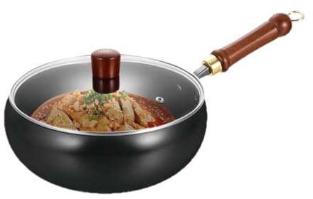 Skillet Pot - Heavy Duty Deep Fry Pot, Heat Resistant Scratch Proof Cookware | Flat Bottom Kitchen Tool, Ergonomic Wooden Handle, Cooking Pan for Stewing, Stir Frying, Baking, Outdoor Camping,