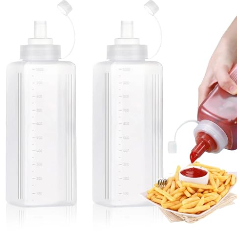 Encuryna 2 Stück Squeeze Flasche, Quetschflasche 1000ML Breiter Mund Dosierflasche Plastik Saucenflasche für Malen,Backen,Ketchup,scharfe Soße,Olivenöl, Saucenflasche