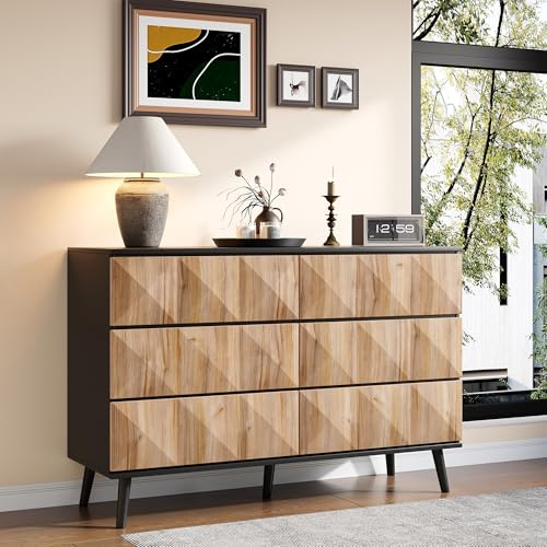 FammyLoft Sideboard Wohnzimmer mit 6-Schubladen, Buffetschrank mit Erhabenen Türen, 120 x 40 x 85 cm, Modern Wohnzimmerschrank für Esszimmer & Flur, Schwarz und Holz