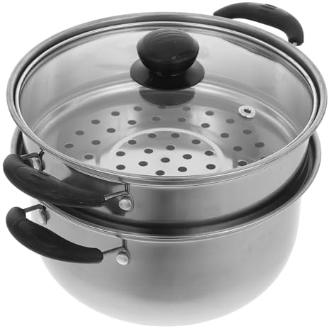 Cuit-vapeur Inox Argenté en Acier Inoxydable, Marmite Profonde | Marmite à Soupe Couvercle, Compatible Toutes Sources de Chaleur, Nettoyage Facile