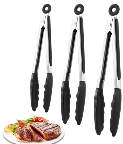 Qutalmi Pinzas para asar, 3 piezas de utensilios de cocina con revestimiento antiadherente, pinzas de acero inoxidable con puntas de silicona para freidora de aire caliente, para cocinar, barbacoa