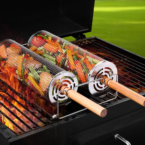 Nestbar Rollender Grillkorb Set mit Holzgriff – 2-teiliges Set mit Rollfunktion für Gemüse, Fleisch und Fisch, Tolles Geschenk für Grillfans, Camping und Vatertagsgeschenke (30/31 cm, 304 Edelstahl)