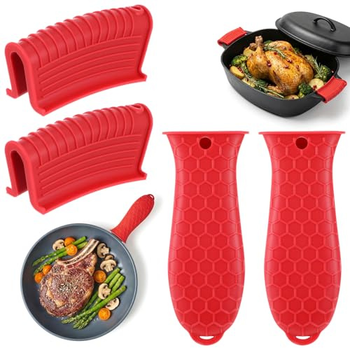 Grevosea Paquete de 4 fundas de mango de sartén de hierro fundido, fundas de silicona resistentes al calor, antideslizantes, funda de mango de hierro fundido, funda de mango de sartén para sartenes