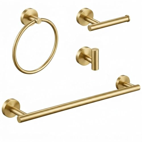 4 Piece Bathroom Hardware Set – 12 Hand Towel Bar, Toilet Paper Holder, Towel Ring, and Robe Hook – SUS304 Stainless Steel, Wall Mounted, Brushed Gold/Brass Finish