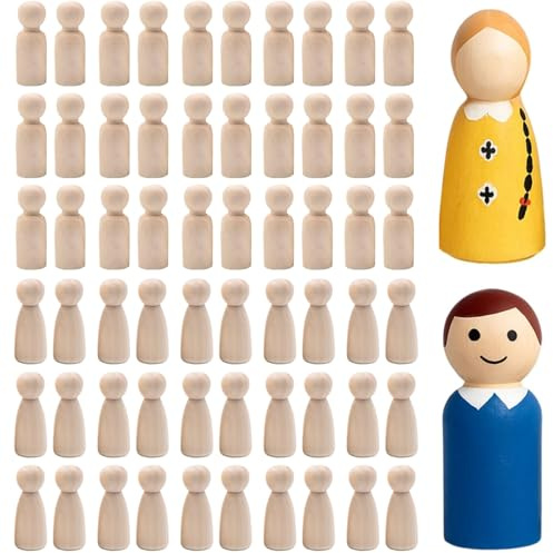 60Pcs Wooden Peg Dolls Set, Unfinished Wooden Figures, 30 Female & 30 Male Mini Wooden Dolly Pegs, Mini People Figures for DIY Painting & Decor