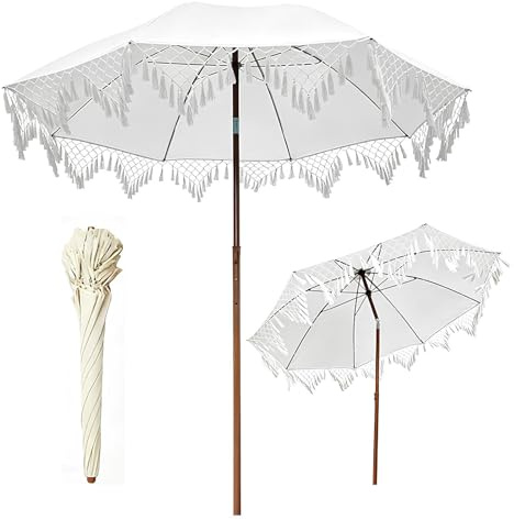 PQPQLI Parasol De Jardin Parasol Droit Rond Inclinable 185x190cm avec Franges Toile Polyester Imperméabilisée Protection Solaire pour Patio, Piscine, Terrasse, Café, Cour