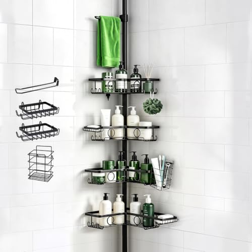 Toyzy Duschregal ohne Bohren, 105-304cm, Edelstahl rostfrei, für Badezimmer | für Fliesen, höhenverstellbar, rostfrei, 2 Seifenhalter, Handtuchhalter, Utensilo