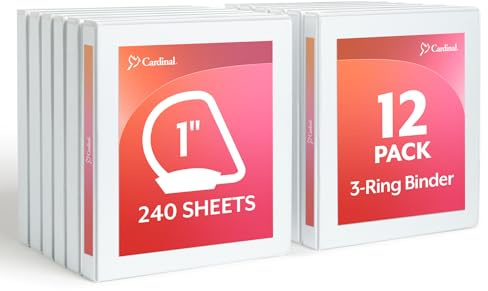 Cardinal ClearVue 90741 - Raccoglitori economici a 3 anelli, 2,5 cm, anelli a D inclinati, per 240 fogli, vista presentazione, antiaderente, colore bianco, confezione da 12