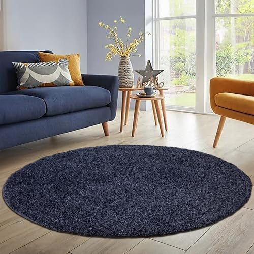 HomebyHome Shaggy Hochflor Teppich, 160 cm Rund, Marineblau, weich, flauschig, modern, einfarbig, Für Wohnzimmer oder Schlafzimmer, für Wohnzimmer Schlafzimmer Flur